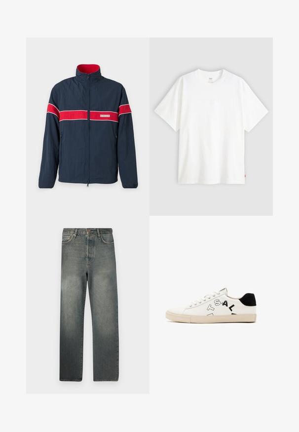 Námornícka modrá bunda na zips s červenými a bielymi horizontálnymi pruhmi, stojatým golierom a bočnými vreckami. Vyrobená z ľahkého materiálu.; Biela tričko s krátkym rukávom vyrobené z bavlny s klasickým výstrihom. Má jemne embosované logo na prednej strane a červenú etiketu na leme.; Jack & Jones JJIALEX JJCOOPER - Džínsy baggy - black denim; Biele kožené tenisky s čiernymi akcentmi na päte, s výrazným čiernym nápisom na boku a gumovou podrážkou. Minimalistický dizajn.