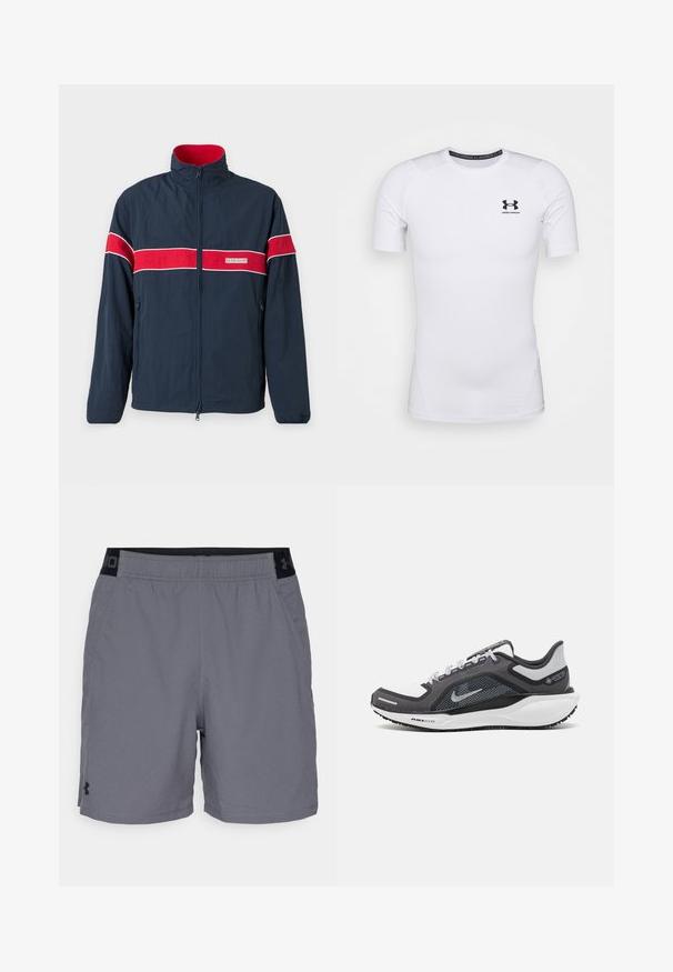 Tumesinine tõmblukuga jakk, millel on punased ja valged horisontaalsed triibud, kõrge krae ja küljetaskud. Valmistatud kergest materjalist.; Valge lühikeste varrukatega keha lähedal särk, mis on valmistatud venivast kangast. Sellel on must Under Armouri logo rinnal ning sile, tekstuuriga pind.; Hallide hallid sportlikud lühikesed püksid kerge materjaliga, millel on elastne vöökohus mustade aktsentidega ja küljetaskud. Lihtne disain ilma mustriteta.; Mustern ja hallide värvusega spordijalats, millel on võrgusilmast ülemine osa, peegeldavad aktsendid ja valge vaheosa. Omab tekstuuriga kummist välisosa ja kingapaelu.
