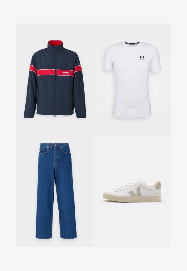 Marineblauwe zip-up jas met rode en witte horizontale strepen, een staande kraag en zijzakken. Gemaakt van lichtgewicht materiaal.; Witte getailleerde shirt met korte mouwen, gemaakt van rekbare stof. Kenmerkt zich door een zwart Under Armour-logo op de borst en een gladde, gestructureerde oppervlakte.; Wijde blauwe jeans gemaakt van denim, met een hoge taille, een vijf-pocket ontwerp en contrasterende stiksels langs de naden en zakken.; Witte leren sneaker met beige accenten, platte rubberen zool, ronde neus en contrasterend logo aan de zijkant en achterkant. Vetersluiting.
