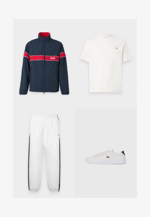 Tumesinine tõmblukuga jakk, millel on punased ja valged horisontaalsed triibud, kõrge krae ja küljetaskud. Valmistatud kergest materjalist.; Valge puuvillane T-särk lühikeste varrukatega, millel on diskreetne brodeeritud logo ja minimalistlik disain. Pehme tekstuur, ümar kaelusekujundus.; Valged sportpüksid tumeroheline külgpanelitega. Kerge materjal, elastne vöökoht ja mansetid. Külgpanelitel on võrkmuster.; Valge nahast tenniseking ümara ninaga, lukkude ja musta kontsa aktsendiga. Külgedel on väike broderi krokodilli logo.