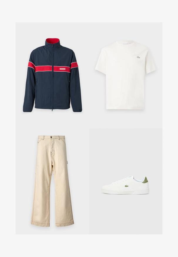 Marineblauwe zip-up jas met rode en witte horizontale strepen, een staande kraag en zijzakken. Gemaakt van lichtgewicht materiaal.; Witte katoenen t-shirt met korte mouwen, voorzien van een subtiel geborduurd logo en een minimalistisch ontwerp. Zachte textuur, ronde hals.; Beige wijde broek van katoen met een rits- en knoopsluiting, voorzien van contrasterende stiksels en zijzakken.; Witte sneakers met een gladde textuur, voorzien van een groene accent bij de hiel en een klein geborduurd krokodillenlogo aan de zijkant.