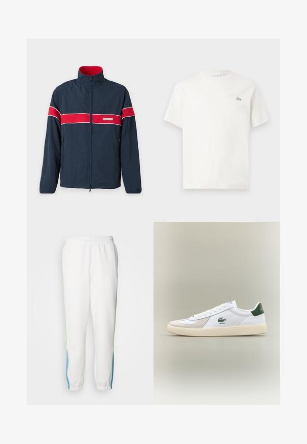 Marineblå zip-jakke med røde og hvide vandrette striber, ståkrave og sidelommer. Fremstillet af letvægtsmateriale.; Hvid bomulds T-shirt med korte ærmer, prydet med et diskret broderet logo og minimalistisk design. Blød tekstur, rund halsudskæring.; Hvide sweatpants med elastisk talje, med grønne og blå side striber. Blødt stof med tapered ankeldesign.; Hvide sneakers med grønne accenter, lavet af ruskind og læder, rund tå, tekstureret ydersål og broderet logo på siden og tungen.