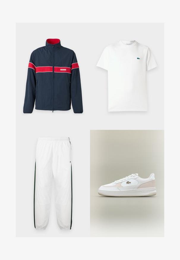 Giacca zip-up blu navy con strisce orizzontali rosse e bianche, colletto a punta e tasche laterali. Realizzata in materiale leggero.; T-shirt bianco in cotone con collo rotondo, maniche corte e un piccolo logo di coccodrillo ricamato in verde sul lato sinistro del petto.; Pantaloni da tuta bianchi con pannelli laterali di un verde scuro. Materiale leggero, vita elasticizzata e orli a costine. Presentano una texture in rete sui pannelli laterali.; Sneaker bianchi con tomaia in pelle liscia, accenti in suede e suola in gomma. Presentano un logo impresso e un design con lacci. Estetica minimalista.