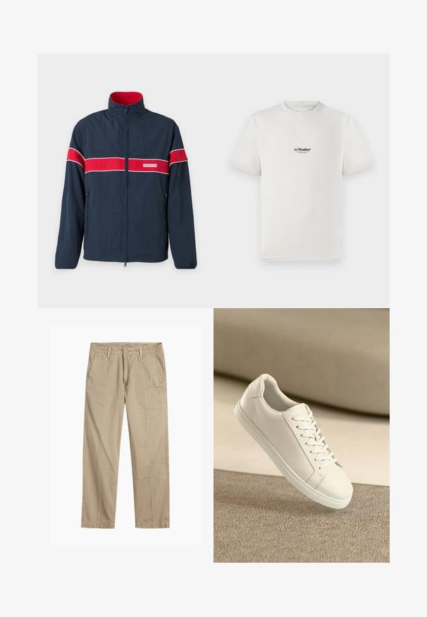 Mornarsko modra zip-up jakna z rdečimi in belimi vodoravnimi črtami, stojnim ovratnikom in stranskimi žepi. Narejena iz lahkega materiala.; Bela bombažna majica s kratkimi rokavi, ki na prsih nosi črni logotip "JJ Studios". Ima krožni ovratnik in standardno prileganje.; Bežne bež hlače ravnega kroja z zanko za pas, sprednjim gumbom in zadrgo ter bočnimi žepki.; Beli usnjeni športni copat z belimi vezalkami, razstavljen na bež teksturirani površini z mehkim zamegljenim ozadjem.