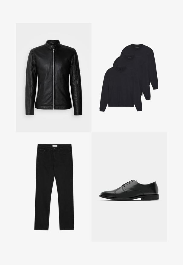 Svart läderjacka med ståkrage, dragkedjeslutning framtill, sidofickor och figursydd design. Slät textur och elegant finish.; Tre svarta långärmade skjortor, tillverkade i mjukt tyg, med rundad halsringning och åtsittande manschetter. Minimalistisk design utan synliga mönster.; Svarta rakbenade jeans med femfickorsdesign, knappr och dragkedja, samt en Pier One-logotyp på linningen.; Svart läderdressko med rund tå, snörningsdesign, subtila sömnadsdetaljer och låg klack. Slät yta med polerad finish.