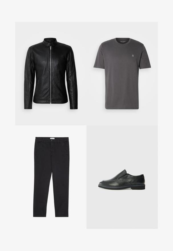 Casaco de cabedal preto com colarinho elevado, fecho frontal com zíper, bolsos laterais e design ajustado. Textura suave e acabamento elegante.; T-shirt em cinza escuro de manga curta, feito de algodão. Apresenta um decote redondo e um pequeno logótipo "MOP" no lado esquerdo do peito. Design simples, textura sem emendas.; Calças de algodão pretas com um corte justo, apresentando dois bolsos laterais e um fecho frontal com botão. Tecido texturizado com detalhes subtis.; Sapato slip-on preto em pele com um upper liso, acabamentos cosidos, bico arredondado e um salto de borracha baixo. A sola apresenta um padrão de aderência mínimo.