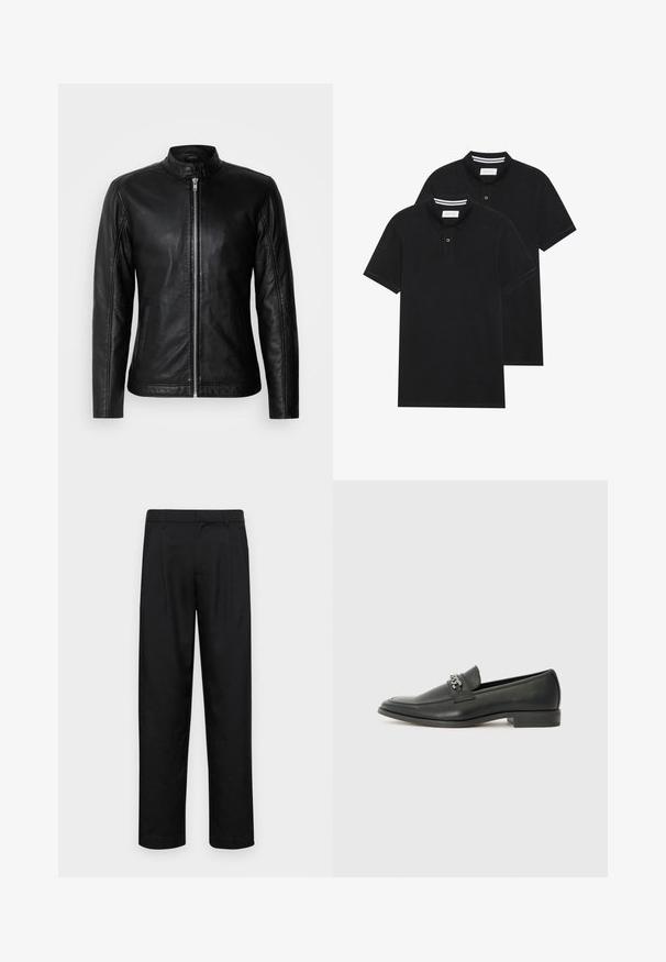 Black leather jacket with a stand-up collar, front zipper closure, side pockets, and fitted design. Smooth texture and sleek finish.; Two black polo shirts, short-sleeved, cotton material, featuring a classic collar, two-button placket, and white striped accents inside the collar.; Black trousers made of smooth fabric, featuring a straight-leg design, two front pleats, and standard waistband with belt loops.; Black leather loafer with a smooth finish, featuring a stitched design and a decorative metal chain accent across the vamp. Flat heel.