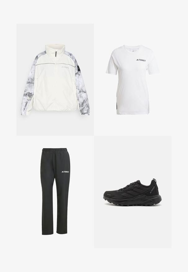 Lekki kurtka Terrex w kolorze off-white, z wzorzystymi szarymi rękawami, wysokim kołnierzem, zapięciem na zamek i elastycznymi mankietami dla komfortu.; Biała sportowa koszulka Terrex wykonana z lekkiego materiału, z krótkimi rękawami, siateczkowymi akcentami oraz czarnym logo na przodzie.; Czarne lekkie spodnie z elastycznym paskiem w talii. Posiadają subtelne białe logo "TERREX". Gładki materiał i prosty krój nogawek.; Czarne buty sportowe z fakturowaną syntetyczną cholewką, sznurowaniem, grubą gumową podeszwą oraz dyskretnymi akcentami logo po bokach i na pięcie.