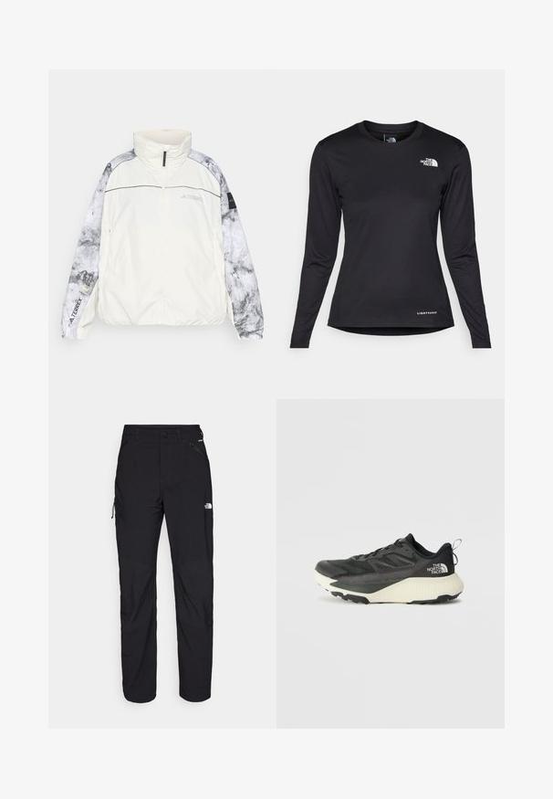 Ελαφριά μπουφάν Terrex σε εκρού, με μοτίβο στους γκρίζους μανίκους, ψηλό γιακά, κλείσιμο με φερμουάρ και ελαστικές μανσέτες για άνεση.; The North Face SHADOW LONG SLEEVE - Μπλούζα με μακριά μανίκια - black; Μαύροι εξωτερικοί παντελόνες με κανονική εφαρμογή, κατασκευασμένοι από ελαφρύ υλικό. Περιλαμβάνουν φερμουάρ, τσέπες και ενισχυμένα γόνατα για αυξημένη αντοχή.; Μαύρο αθλητικό παπούτσι με υφή στο επάνω μέρος, διαθέτει γκρι λεπτομέρειες και λευκή ενδιάμεση σόλα. Περιλαμβάνει ετικέτα έλξης και έντονο λογότυπο μάρκας στη φτέρνα.