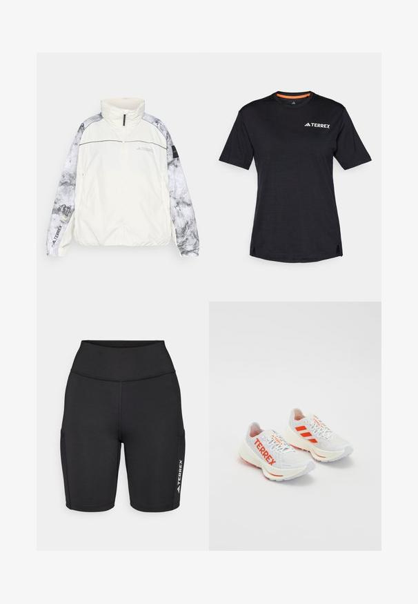 Chaqueta ligera Terrex en blanco roto, con mangas grises estampadas, cuello alto, cierre de cremallera y puños elásticos para mayor comodidad.; Camiseta negra de manga corta con cuello redondo, que presenta una sutil textura jaspeada y el logo blanco "TERREX" en la parte superior izquierda.; Pantalones cortos deportivos negros hechos de una tela elástica, con una cintura alta, bolsillos laterales y un acento de logo blanco en una pierna.; Zapatillas de running blancas con acentos naranjas. Material de malla, puntera redondeada y plantilla gruesa. "TERREX" impreso en el costado y tres rayas en el talón.