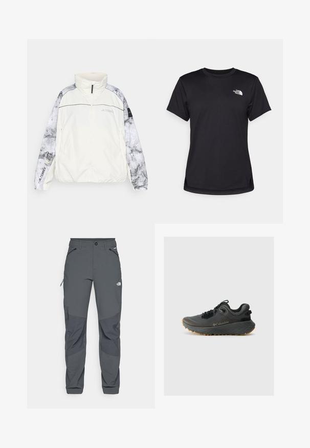 Veste légère Terrex en blanc cassé, avec des manches grises à motifs, un col haut, une fermeture éclair et des poignets élastiques pour plus de confort.; The North Face FLEX SHORT SLEEVES TEE - T-shirt de sport - black; Pantalons de plein air gris foncé avec des renforts aux genoux, poches latérales et frontales zippées, fermeture à bouton, et logo The North Face sur la cuisse.; Columbia TERRASTRIDE CRZ - Chaussures de marche - shark/black