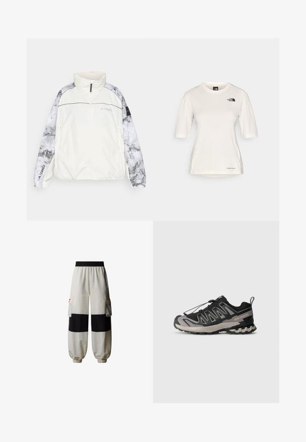 Chaqueta ligera Terrex en blanco roto, con mangas grises estampadas, cuello alto, cierre de cremallera y puños elásticos para mayor comodidad.; The North Face SHADOW SHORT SLEEVE - Camiseta deportiva - white dune; The North Face HIMALAYAN - Pantalones cargo - white dune tnf black; Zapatilla deportiva negra y gris con parte superior de malla, suela de goma y sistema de cordones elásticos. Presenta una puntera reforzada y acentos texturizados.