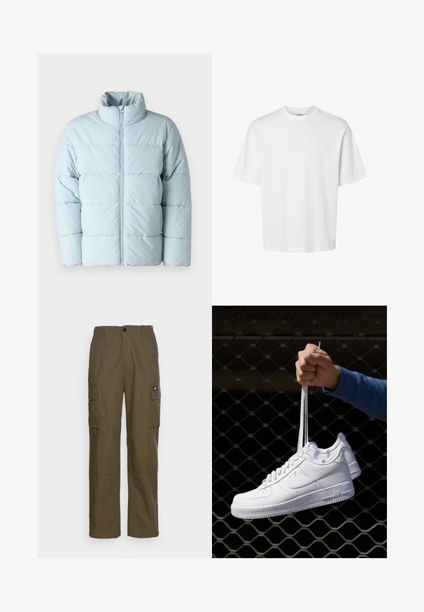 Geaca pufătoare de un albastru deschis, cu guler înalt, fermoar pe toată lungimea frontului și model matlasat. Fabricată dintr-un material neted, izolant.; Tricou alb din bumbac, cu mâneci scurte, guler rotund și o croială lejeră. Textură netedă, fără modele sau accente vizibile.; Pantaloni cargo de culoare verde măsliniu, fabricați dintr-un material durabil. Prezintă două buzunare laterale, o talie standard și un design cu picior drept.; Adidași albaștri din piele cu perforații, vârf rotund, talpă plată și șireturi groase, cu un logo swoosh vizibil și cu inscripția "AIR" pe toc.