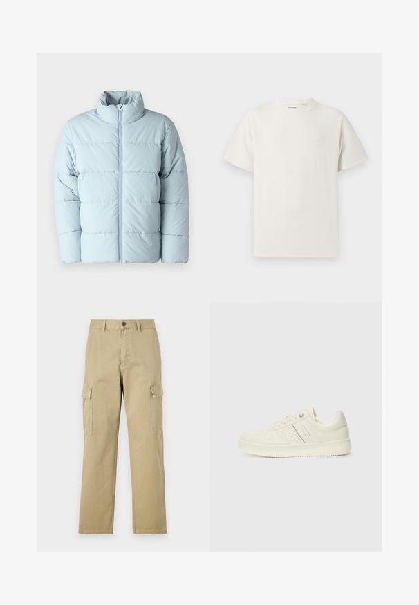 Doudoune bleu clair avec un col haut, une fermeture éclair sur toute la longueur à l'avant et un motif matelassé. Fabriquée en matériau lisse et isolant.; T-shirt blanc à manches courtes en texture côtelée. Encolure ronde, coupe décontractée, sans motifs ni accents visibles. Design simple et polyvalent.; Pantalons cargo beiges en coton, dotés de deux poches latérales, d'une fermeture à bouton et de jambes droites avec un tissu légèrement texturé.; Sneaker couleur crème avec des détails perforés, des lacets et un logo sur le côté, présenté sur un fond blanc uni.