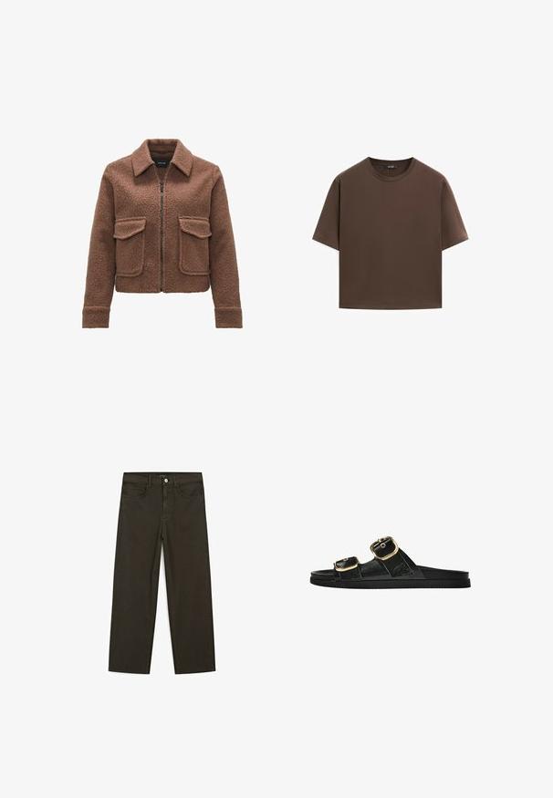 Giacca in pile marrone con colletto, zip frontale e due tasche sul petto. Presenta un tessuto testurizzato e maniche a polsino. Design a lunghezza accorciata.; T-shirt in cotone marrone, maniche corte, collo a giro, vestibilità abbastanza ampia, texture liscia, design minimalista, senza motivi o dettagli visibili.; Jeans a gamba larga di colore verde scuro, realizzati in tessuto misto cotone, dotati di chiusura con bottone frontale, cinque tasche e cuciture classiche in denim.; Infradito neri con due accenti di fibbia dorata, materiale dalla texture liscia, suola piatta e design minimalista.