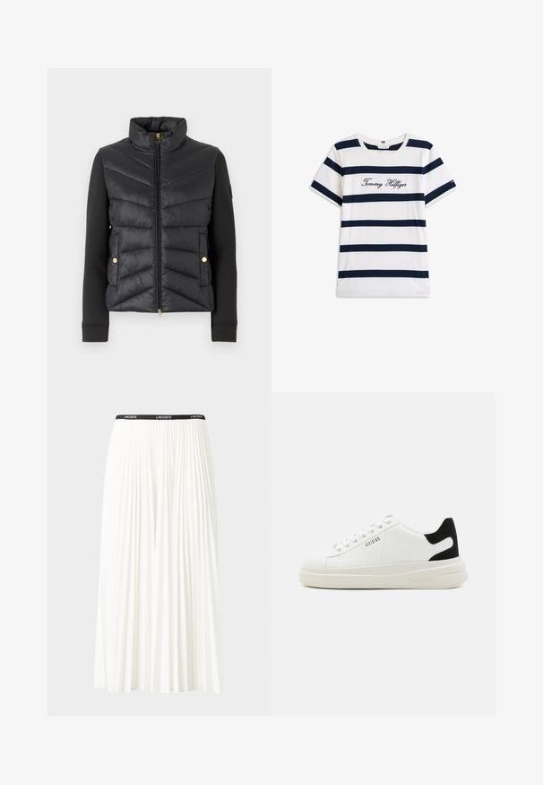 Svart oppblåsbar vest med chevronmønster på forsiden, høy krage og kontrasterende svarte ermer. Har glidelås foran og gulldetaljer.; Koftet laget av bomull har horisontale marineblå striper på hvit bakgrunn. "Tommy Hilfiger" brodert i kursiv på brystet. Rund hals.; Plissert hvit skjørt med en svart elastisk midje som har "LACOSTE"-logoen. Midjelengde design med myk tekstur.; Hvite lær sneakers med tykk hvit såle, svart semsket hælforsterkning og preget logo på siden. Snøresystem med seks hull.