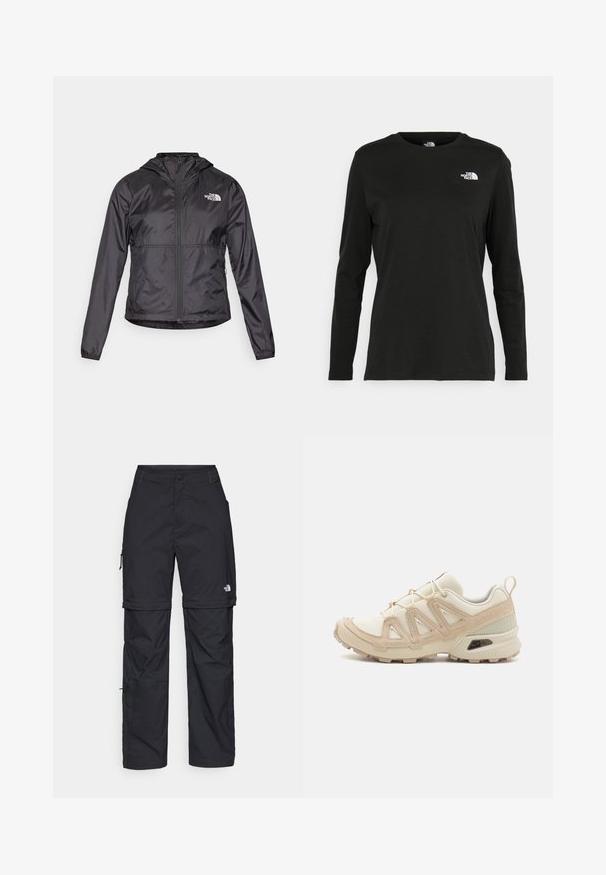 Svart vindjakke laget av lett, skinnende materiale. Den har glidelås foran, hette og logo på venstre bryst.; Svart langermet T-skjorte laget av bomull med rund hals. Har en liten hvit logo på venstre brystområde. Enkelt design og passform.; Svarte nylon cargo-bukser med glidelås og justerbare mansjetter, flere lommer og en logo på høyre bein. Glatt, lett tekstur.; Beige og krem joggesko med teksturert mesh-overdel, støttende overlegg og gummisåle med et mønster for godt grep.
