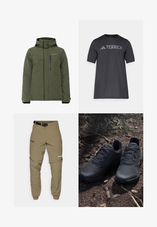 Olijfgroene geïsoleerde jas met verstelbare capuchon, rits- en klepzakken, en een gladde textuur, geschikt voor koude weersomstandigheden.; Zwarte korte mouwen t-shirt van lichtgewicht stof, met een lichtgrijze "TERREX" logo over de borst en een ronde hals.; Khaki outdoor broek met een verstelbare zwarte riem, ritszakken, taps toelopende mouwen en afneembare onderbenen voor veelzijdige styling.; Zwarte sportieve schoenen met een gestructureerde gebreide bovenkant, verstevigde neus en een gevoerde zool, tentoongesteld op aardse grond met verspreide takjes.