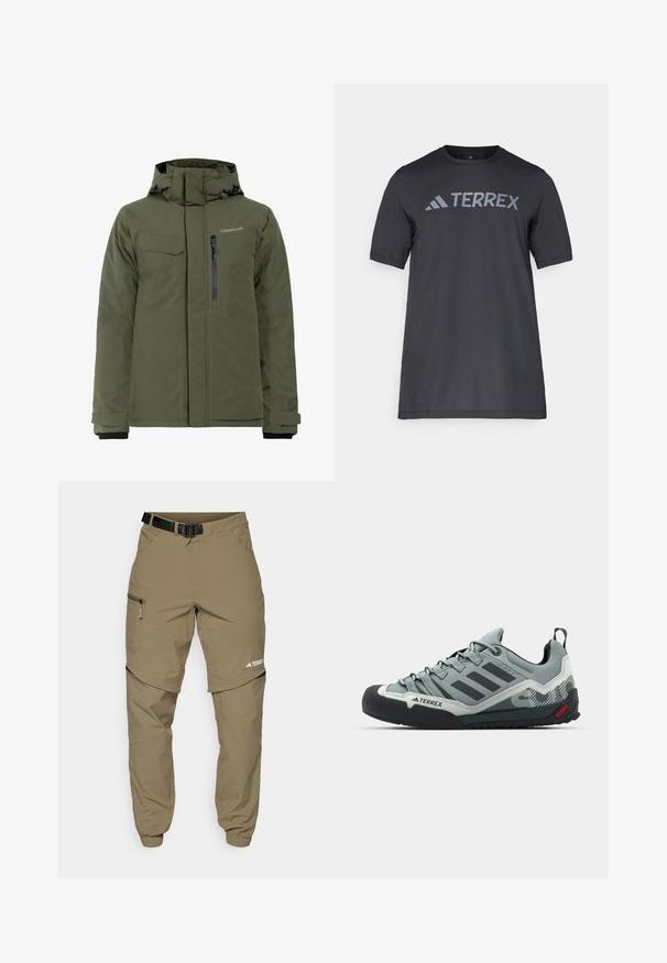 Veste isolante vert olive avec capuche ajustable, poches zippées et à rabat, et texture lisse, adaptée aux conditions de froid.; T-shirt noir à manches courtes en tissu léger, arborant un logo « TERREX » gris clair sur la poitrine et un col rond.; Pantalons d'extérieur kaki avec une ceinture noire ajustable, des poches zippées, des poignets fuselés et des jambes inférieures détachables pour un style polyvalent.; Chaussures d'escalade grises avec un dessus texturé, un capuchon en caoutchouc noir pour les orteils, trois rayures foncées et une petite touche rouge sur la semelle.