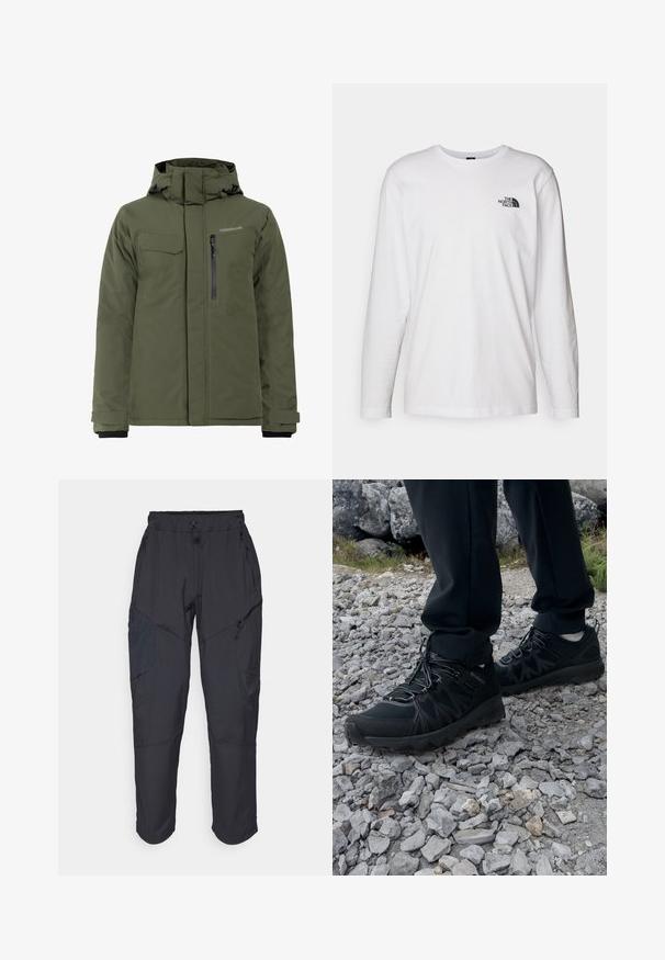 Olijfgroene geïsoleerde jas met verstelbare capuchon, rits- en klepzakken, en een gladde textuur, geschikt voor koude weersomstandigheden.; Witte lange mouwen T-shirt gemaakt van katoen met een ronde hals. Beschikt over een klein zwart logo op de borst. Soepele textuur, normale pasvorm.; Zwarte cargo pants gemaakt van een lichtgewicht, waterafstotend materiaal; voorzien van een elastische tailleband, meerdere met rits gesloten zakken en taps toelopende pijpen.; Zwarte buitenschoenen van mesh en synthetisch materiaal, met een gestructureerd bovenwerk, een beveiligd vetersysteem en een robuuste zool, op een ruig terrein.