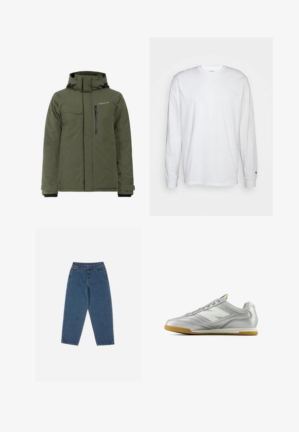 Giacca isolante verde oliva con cappuccio regolabile, tasche con zip e a pattina, e texture liscia, adatta per condizioni climatiche fredde.; T-shirt bianca a maniche lunghe realizzata in cotone. Design con collo rotondo, polsini a costine e un piccolo logo sulla manica sinistra. Texture liscia.; Jeans in denim blu con una vestibilità rilassata, vita alta, design a cinque tasche e dettagli di cucitura. Caratterizzati da una chiusura con bottone e zip.; Scarpa sportiva argentata con una superficie liscia e lucida, logo bianco di lato, lacci grigi con texture e suola in gomma.