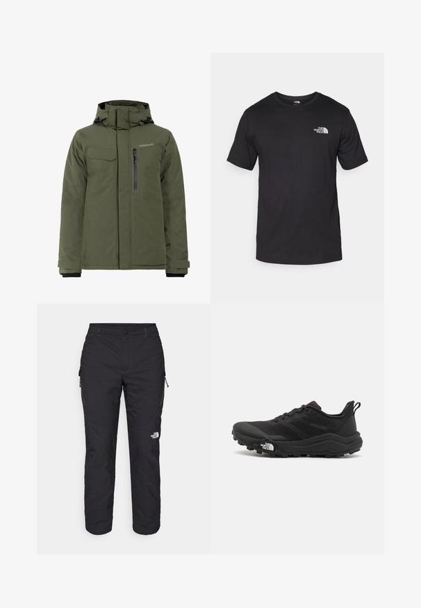 Olivgrüne, isolierte Jacke mit verstellbarer Kapuze, Reißverschluss- und Klappentaschen sowie glatter Textur, geeignet für kalte Wetterbedingungen.; Schwarzes T-Shirt mit kurzen Ärmeln aus Baumwolle, mit einem runden Ausschnitt und einem kleinen weißen Logo auf der oberen linken Brust.; The North Face WINTER EXPLORATION TAPERED CARGO - Outdoor-Hose - black; Schwarzer Trailrunning-Schuh mit strukturiertem Obermaterial, Gummisohle und verstärkter Zehenkappe. Verfügt über einen gepolsterten Kragen und eine Ziehlasche für einfaches Anziehen.