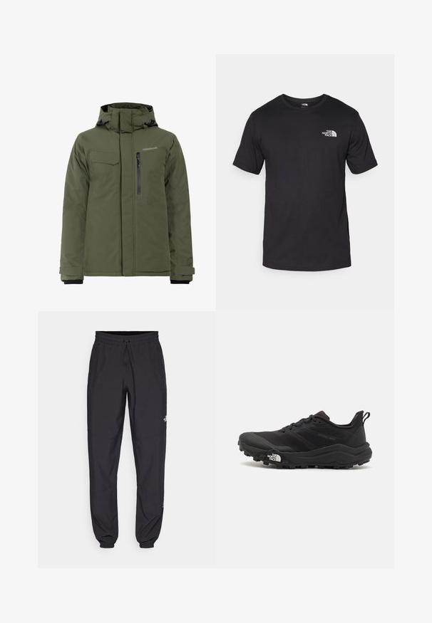 Olivgrüne, isolierte Jacke mit verstellbarer Kapuze, Reißverschluss- und Klappentaschen sowie glatter Textur, geeignet für kalte Wetterbedingungen.; Schwarzes T-Shirt mit kurzen Ärmeln aus Baumwolle, mit einem runden Ausschnitt und einem kleinen weißen Logo auf der oberen linken Brust.; Schwarze Sporthosen aus leichtem Stoff, mit einem Kordelzugbund, seitlichen Taschen und schmal zulaufenden Bündchen an den Knöcheln.; Schwarzer Trailrunning-Schuh mit strukturiertem Obermaterial, Gummisohle und verstärkter Zehenkappe. Verfügt über einen gepolsterten Kragen und eine Ziehlasche für einfaches Anziehen.