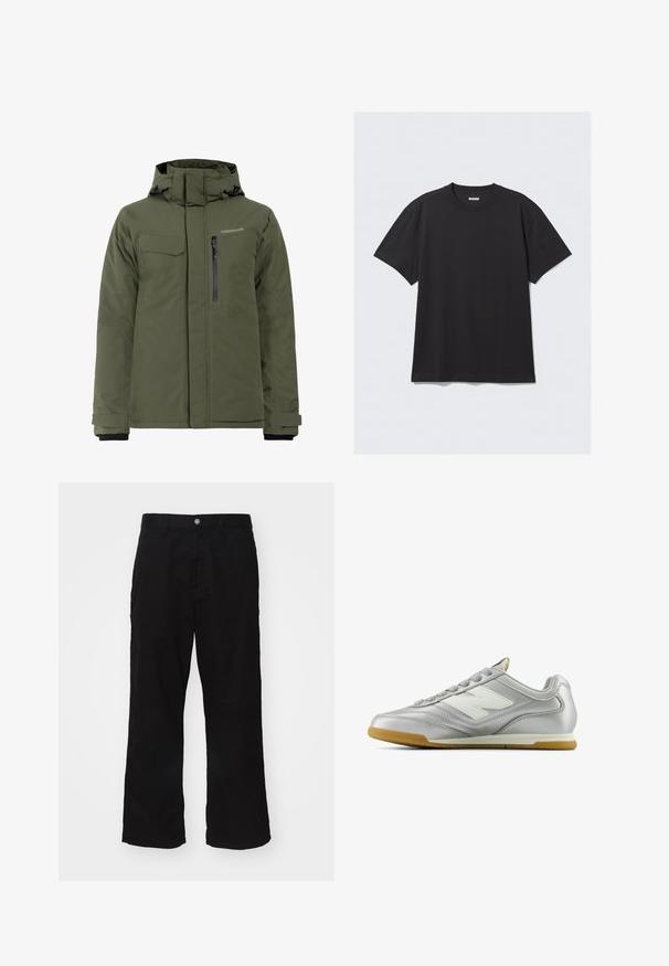 Olive green insulated jacket with adjustable hood, zippered and flap pockets, and smooth texture, suitable for cold weather conditions.; Black short-sleeve t-shirt made of cotton. Features a crew neckline and a relaxed fit. Simple design with no patterns or accents visible.; Black wide-leg pants made from cotton blend fabric, featuring a button closure and straight cut with minimal visible stitching.; Silver athletic shoe with a smooth, shiny surface, white logo on the side, textured gray laces, and a gum rubber sole.