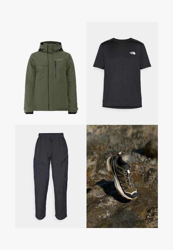 Olivgrüne, isolierte Jacke mit verstellbarer Kapuze, Reißverschluss- und Klappentaschen sowie glatter Textur, geeignet für kalte Wetterbedingungen.; Schwarzes T-Shirt mit kurzen Ärmeln aus leichtem Stoff. Mit einem kleinen weißen Logo auf der linken Brust und dezenten Akzenten an den Schultern.; Schwarze Cargo-Hosen aus leichtem, wasserabweisendem Material; verfügen über einen elastischen Bund, mehrere Reißverschlusstaschen und schmal zulaufende Beine.; Wanderschuh in Olivgrün und Schwarz mit pinken Akzenten. Verfügt über ein strukturiertes Obermaterial, eine flexible Sohle, eine verstärkte Zehenkappe und ein farbenfrohes Schnürsystem.