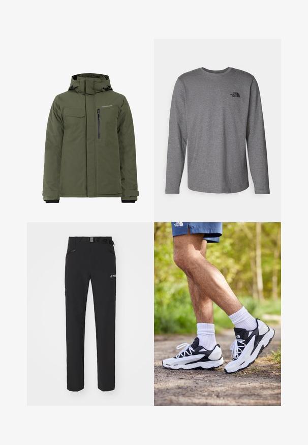 Olivgrüne, isolierte Jacke mit verstellbarer Kapuze, Reißverschluss- und Klappentaschen sowie glatter Textur, geeignet für kalte Wetterbedingungen.; The North Face M L/S SIMPLE DOME TEE - Langarmshirt - medium grey heather; Schwarze Outdoor-Hosen aus glattem Stoff, mit seitlichen Reißverschlusstaschen, verstärkten Kniepartien und einem verstellbaren Bund mit Schnalle.; Schwarz-weiße Sportschuhe mit einem Obermaterial aus Mesh, strukturierten Akzenten und weißen Schnürsenkeln. getragen mit weißen Knöchelsocken und dunkelblauen Shorts auf einem Weg.