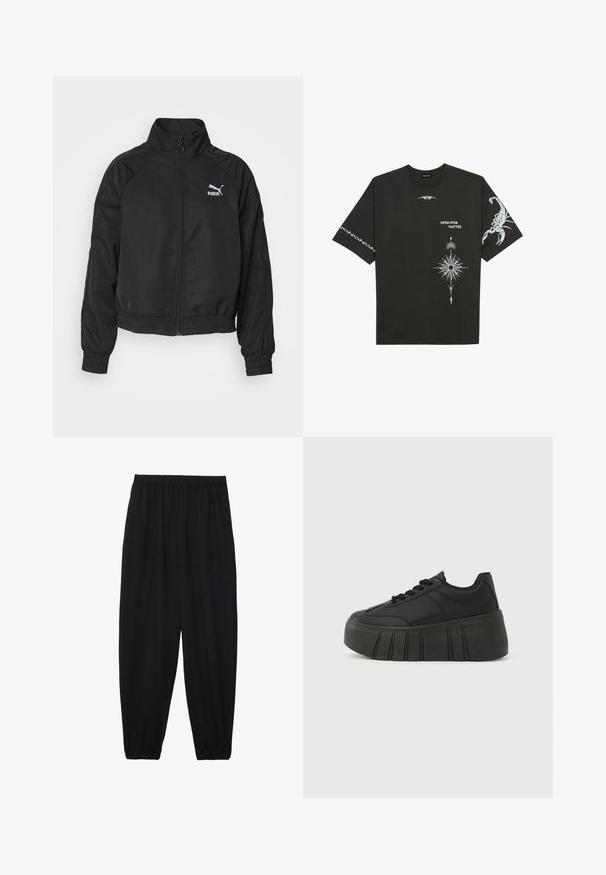 Schwarze Zip-Jacke mit hohem Kragen, elastischen Bündchen und Saum. Mit weißem Puma-Logo. Hergestellt aus glattem, leichtem Stoff.; Schwarzes Baumwoll-T-Shirt mit weißen grafischen Drucken, darunter ein Skorpion und abstrakte Designs. Kurze Ärmel; runder Ausschnitt.; Schwarze, leichte Hosen mit einem elastischen Bund und gerafften Knöcheln. Der Stoff ist glatt und hat ein entspanntes, schmal zulaufendes Design.; Schwarze Plateau-Sneaker mit glattem synthetischem Obermaterial, abgerundetem Zehenbereich, Schnürdesign und dicker, profilierter Sohle für zusätzliche Höhe.