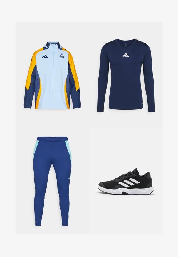 Svijetloplava jakna s patentnim zatvaračem, s žutim i tamnoplave naglascima, koja ima Adidas logo i grb Real Madrida na prsima. Lagana tkanina.; Mornarica dugih rukava sportska majica od teksturiranog materijala s V izrezom i bijelim Adidas logotipom na prsima. Jednostavan dizajn, prilagođen kroj.; Navy plave tajice za sport, izrađene od rastezljivog materijala, s svijetloplavim bočnim panelima i prilagođenim dizajnom sa uskim rubom oko gležnja.; Crne atletske cipele s teksturiranim mrežastim gornjim dijelom, bijelim naglasnim trakama, podstavljenim potplatom i ojačanim petom za podršku.