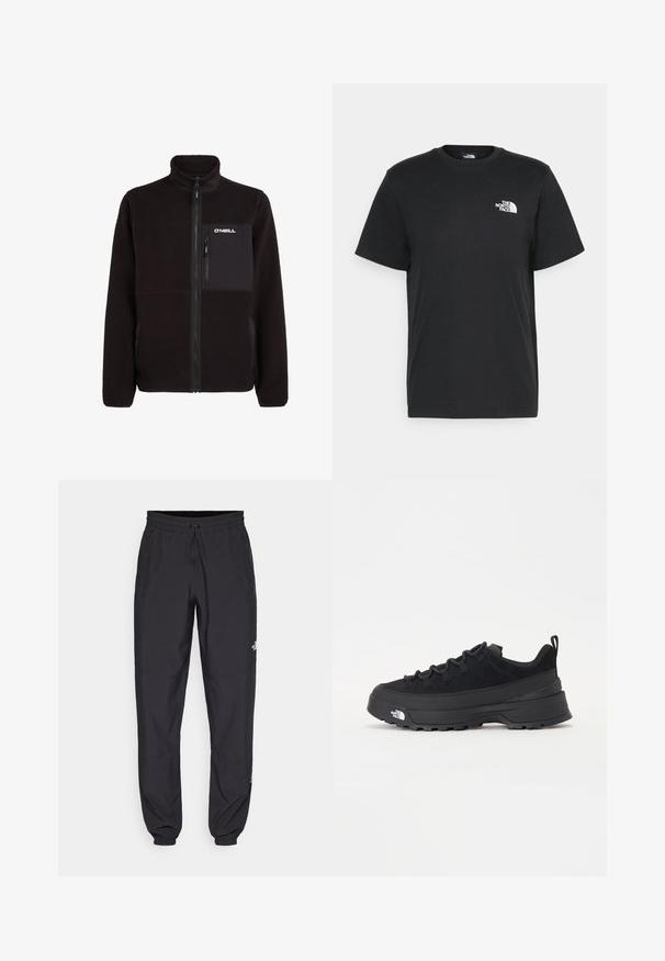 Black fleece jacket with high collar, full front zipper, chest pocket with vertical zipper, and "O'Neill" logo on chest pocket.; Black cotton t-shirt with short sleeves, crew neck, and a small white logo on the left chest. Simple design, smooth texture, and relaxed fit.; Black athletic pants made from lightweight fabric, featuring a drawstring waistband, side pockets, and tapered cuffs at the ankles.; Black outdoor sneaker with a suede upper, textured rubber sole, and sturdy lacing system. Features a reinforced heel and brand logo on the side.