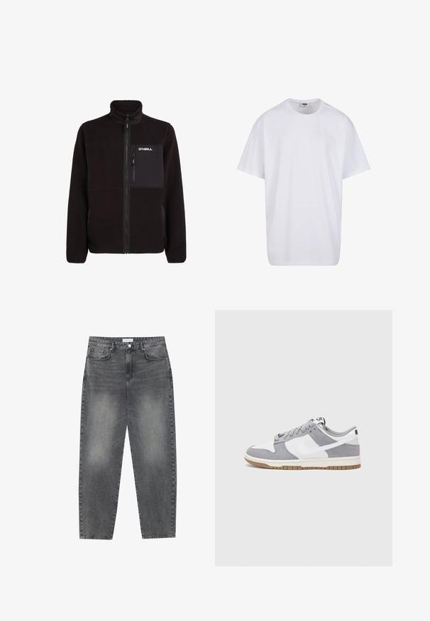 Crna polar jakna s visokim ovratnikom, punim prednjim zatvaračem, džepom na prsima s vertikalnim zatvaračem i logotipom "O'Neill" na prsnom džepu.; Bijela pamučna majica s kratkim rukavima, zaobljenim izrezom, opuštenog kroja, bez vidljivih logotipa ili uzoraka. Glatka tekstura i minimalni dizajn.; Traperice visokog struka, širokog kroja u izblijedjelom crnom denimu. Imaju pet džepova, petlje za remen, i čist, ravni kroj nogu.; Sivi i bijeli tenisice s gornjištem od antilopa i kože, okruglim vrhom, ravnim vezicama i gumenim potplatom s dodatkom boje gume.