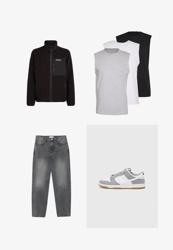Schwarze Fleecejacke mit hohem Kragen, durchgehendem Reißverschluss, Brusttasche mit vertikalem Reißverschluss und "O'Neill"-Logo auf der Brusttasche.; Drei ärmellose T-Shirts in Grau, Weiß und Schwarz. Weiches Baumwollmaterial mit Rundhalsausschnitt und lockerer Passform. Einfaches Design, keine Muster.; Hoch taillierte, locker sitzende Jeans aus verwaschenem schwarzem Denim. Verfügt über fünf Taschen, Gürtelschlaufen und ein sauberes, gerades Bein-Design.; Graue und weiße Sneaker mit einem Obermaterial aus Wildleder und Leder, abgerundeter Spitze, flachen Schnürsenkeln und einer Gummisohle mit einem Kautschukakzent.