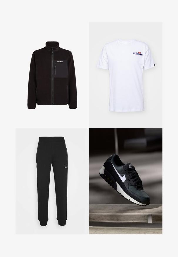 Schwarze Fleecejacke mit hohem Kragen, durchgehendem Reißverschluss, Brusttasche mit vertikalem Reißverschluss und "O'Neill"-Logo auf der Brusttasche.; Weißes Baumwoll-T-Shirt mit kurzen Ärmeln, das ein marineblaues gesticktes Logo auf der linken Brust und einen lebhaften Farbakzent über dem Logo präsentiert.; Schwarze Sweatpants aus weichem Material verfügen über einen taillierten Beinschnitt, einen elastischen Bund, seitliche Taschen mit Reißverschlüssen und eine kleine Logo-Akzentuierung.; Schwarze und grüne Sneakers mit einem gemusterten Mesh-Obermaterial, weißem Swoosh-Logo, gepolstertem Kragen und einer sichtbaren Luftpolsterung in der Sohle.