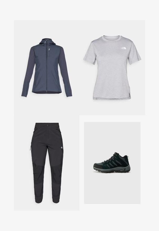 Marinblå jacka med dragkedja fram, huva och långa ärmar. Har kontrasterande textil på ärmarna och en bröstficka.; Grå kortärmad t-shirt i mjukt, fuktavledande tyg. Har en rund halsringning och en liten vit logotyp på övre vänstra sidan.; Svarta utomhusbyxor gjorda av slitstarkt material. Har fickor med dragkedja, förstärkta knäpaneler och en rak skärning för rörlighet.; Columbia REDMOND - Hikingskor - black/citron haze