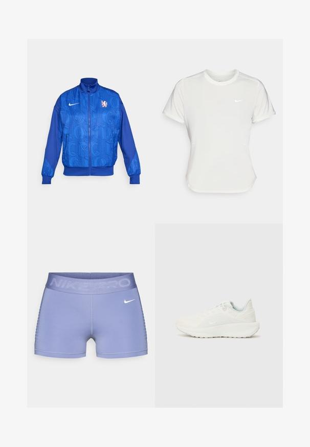 Zila ar rāvējslēdzēju aizdare jaka ar teksturētu rakstu, kurā redzami vārdi "LONDON" un "CFC", Nike logo, augsts apkakle un elastīgas aproces.; Nike t-krekls baltā krāsā, īsām piedurknēm, ar apaļu kakla izgriezumu, izgatavots no gludas, vieglas auduma. Uz krūtīm ir diskreta logo.; Nike Pro kompresijas šorti gaiši purpursarkanā krāsā, kas ir aprīkoti ar platām jostām ar "NIKE PRO" tekstu, gludu struktūru un rakstainiem sānu akcentiem.; Baltas sporta apavi ar teksturētu augšdaļu, iešūtām malām un auklām. Roku pielāgota zole un diskrēta zīmola identifikācija sānos.