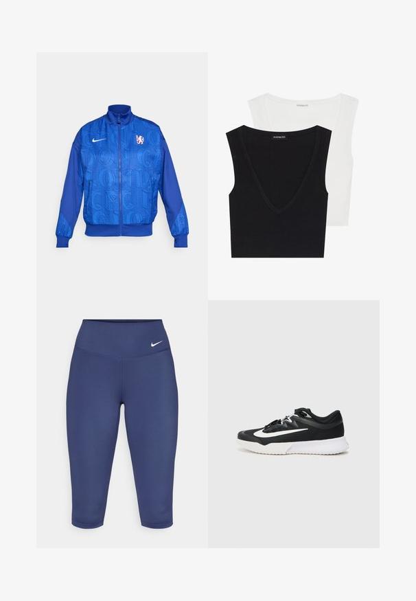 Mėlyna zip-up striukė su tekstūruotu raštu, ant kurios yra "LONDON" ir "CFC", Nike logotipas, aukšta apykaklė ir elastingi rankogaliai.; Du švarkai be rankovių, rimbuoti, juodos ir baltos spalvos. Abu turi V formos iškirpę ir minkštą audinį. Ženklas matomas ant juodo švarko.; Tamsiai mėlynos spalvos capri tipo leggingai, pagaminti iš tamprios medžiagos, su plačiu juosmeniu ir mažu baltu logotipu kairėje pusėje. Siūlės nematomos.; Juoda sportinė batų su baltais akcentais, turinti tekstūruotą viršutinę dalį, apvalų pirštą, lygius raiščius ir storą baltą gumos padas.