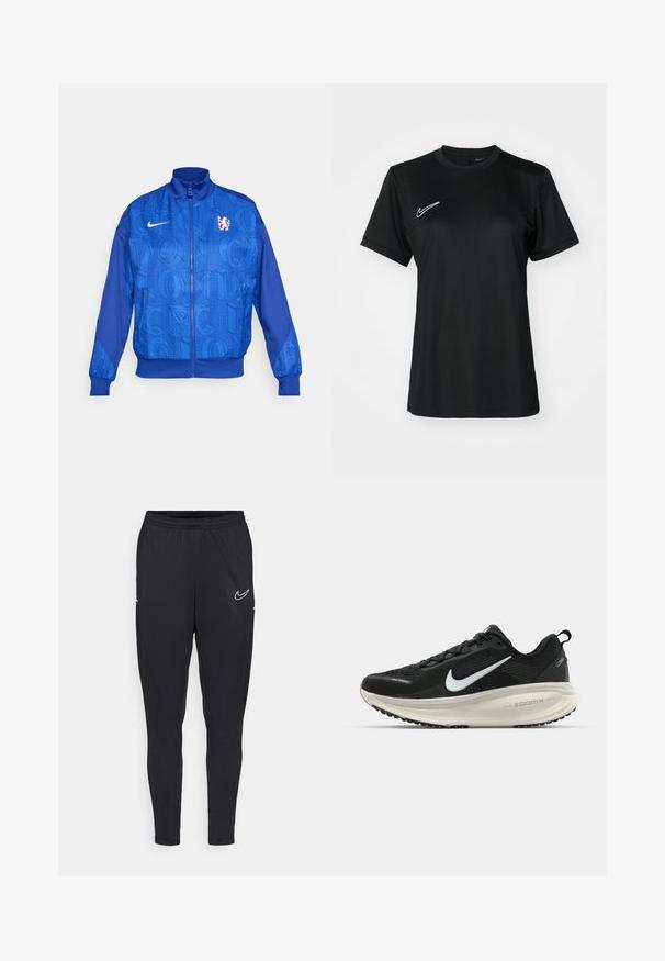 Blå zip-up jacka med texturerat mönster som har "LONDON" och "CFC", Nike-logotyp, hög krage och elastiska ärmslut.; Svart kortärmad träningsskjorta med rund halsringning. Har en vit Nike-logotyp på övre vänstra sidan. Slätt, lätt tyg.; Svarta träningsbyxor i lättviktsmaterial med elastisk midja, figursydd design och en vit Nike-logga på låret.; Svart Nike löparsko med andningsbart mesh-ovandel, vit swoosh-logotyp, texturerad detaljering och en krämfärgad ZoomX-mellansula.