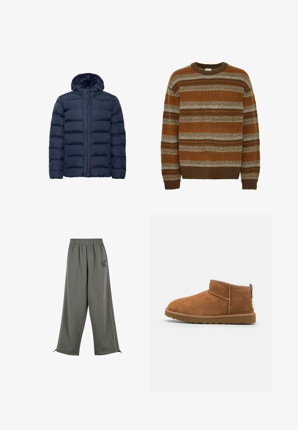 Tamno plavi podstavljeni kaput s kapuljačom, s horizontalnim kviltanim dijelovima, prednjim patentnim zatvaračem i dva bočna džepa. Mekana tekstura.; Solid SDMAXWELL - Vesta - slate black; Karl Kani KK OS SIDESTRIPE - Hlače - grey; Tamnasti antilop čizme do gležnja s zaobljenim vrhom, suptilnim detaljima šivanja i teksturiranom gumom potplatom. Niska visina bez pertli.