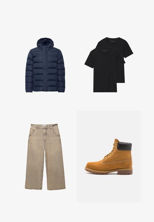 Marineblå polstret jakke med hætte, med horisontale quiltede sektioner, frontlynlås og to sidelommer. Blød tekstur.; To sorte bomulds t-shirts med korte ærmer, rund halsudskæring og en glat tekstur, vist stablet sammen.; PULL&BEAR MEGA BAGGY - Baggy jeans - light grey; Tan nubuck ankelstøvle med sort polstret krave, gyldne metaløjer, hvid syning detaljer og robust gummisål med udtalte slidbaner.
