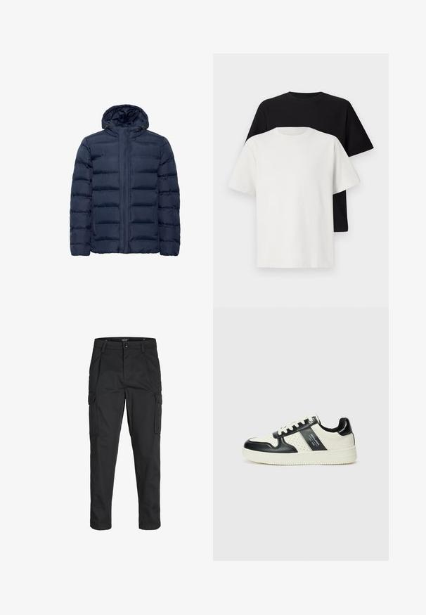Mörkblå vadderad jacka med huva, med horisontella kviltade sektioner, frontdragkedja och två sidofickor. Mjuk textur.; Set med bomullströjor som inkluderar en svart och en vit topp, båda med korta ärmar, rund halsringning och standard passform. Strukturerad tyg.; Svarta cargobyxor tillverkade av hållbart tyg, med flera fickor, knappstängning och en smal passform med avsmalnande ben.; Läder sneakers med en svart och krämfärgad färgsättning, med perforerade detaljer, en vadderad krage och en strukturerad yttersula.