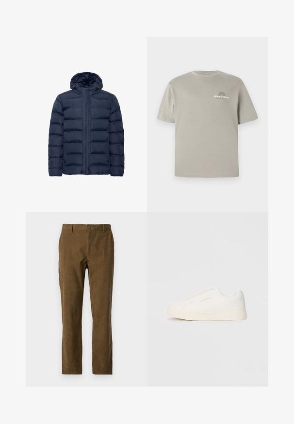 Jachetă căptușită de culoare albastră marină cu glugă, având secțiuni orizontale matlasate, închidere cu fermoar pe față și două buzunare laterale. Textură moale.; Tricou din bumbac de culoare gri deschis, cu mâneci scurte, decolteu rotund și un grafic mic "ATHLETIC CLUB" pe piept. Textură netedă.; Pantaloni din bumbac căprui, cu croială dreaptă, având dungi verticale, sistem de închidere cu buton în față și buzunare laterale pentru un plus de utilitate.; Tenisi albi slip-on cu o suprafață texturată, talpă groasă și un design minimalist. Prezintă logo-ul brandului pe lateral.