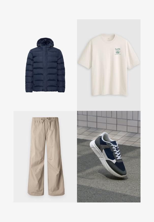 Tumed sinise värviga tepitud jakk kapuutsiga, millel on horisontaalsed tepitud osad, esine tõmblukk ja kaks küljetaskut. Pehme tekstuur.; Valge puuvillane lühikeste varrukatega t-särk, millel on vasakul rinnal roheline Lev'i logo ja tekst. Lõdvestunud istuvus, sile tekstuur.; Beežid laiad püksid elastse vöökoha ja tõmbluku abil. Sile tekstuur, kaks küljetaskut ja minimaalsed õmblused, et tagada mugav istuvus.; Sneaker, mille sinine võrkkangas, hallid nubukdetailid, valge kummitald ja lamedad valged paelad, disainitud mugavuseks ja hingavuseks.