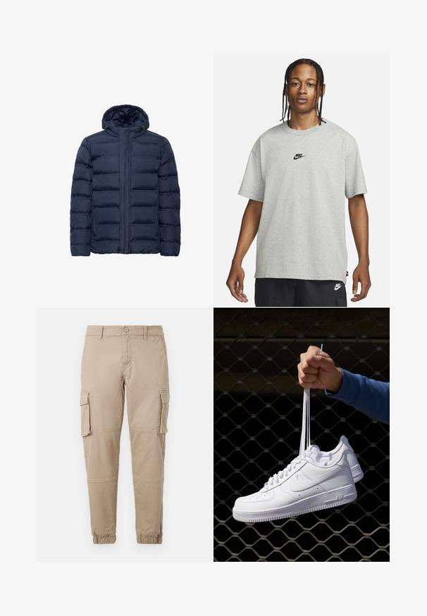 Marineblå polstret jakke med hætte, med horisontale quiltede sektioner, frontlynlås og to sidelommer. Blød tekstur.; Ung person med fletninger iført en lys grå Nike T-shirt og sorte Nike shorts mod en ensfarvet hvid baggrund.; Beige cargo bukser i et letvægts bomuldsstof. Har elastiske manchetter, flere sidelommer og en knaplukning.; Hvide lædersneakers med perforeringer, rund tå, flad sål og tykke snørebånd, med et synligt swoosh-logo og "AIR" på hælen.