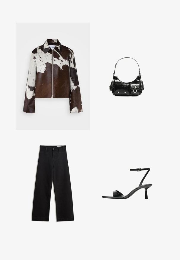 Krátka bunda vyrobená z hovädzej kože s hnedo-bielym patchworkovým vzorom. Má ostrý golier a predné zapínanie na zips.; Čierny bezrukávový top vyrobený z hladkej tkaniny, s okrúhlym výstrihom a priliehavým strihom bez viditeľných vzorov alebo ozdôb.; Čierne denimové nohavice s širokými nohavicami a vysokým pásom, so prednými a zadnými vreckami, šitými švami a zapínaním na gombík. Hladká textúra.; Bershka Sandále na vysokom opätku - black; Čierna laková kožená kabelka s ohnutým tvarom, jedným ramenným popruhom, prednými vreckami a striebornými kovovými doplnkami.
