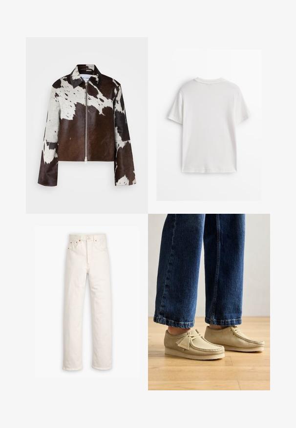 Krótka kurtka wykonana z skóry bydlęcej w brązowo-białym wzorze patchworkowym. Posiada ostry kołnierz oraz zamek błyskawiczny z przodu.; Biała bawełniana koszulka z krótkim rękawem, okrągłym dekoltem i gładką fakturą. Tył jest gładki, bez dodatkowych wzorów czy zdobień.; Białe dżinsy z prostymi nogawkami, pięcioma kieszeniami i mosiężnymi detalami. Surowe wykończenie na nogawkach.; Beżowe zamszowe buty z zaokrąglonymi palcami i niskim profilem. Charakteryzują się sznurowanym designem i przeszyciami. Noszone z krótkimi niebieskimi dżinsami.
