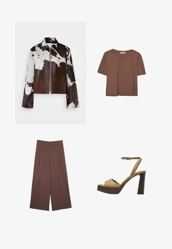 Giacca corta in pelle di mucca con un motivo patchwork marrone e bianco. Caratterizzata da un colletto affilato e una chiusura con zip sul davanti.; Maglietta a maniche corte marrone realizzata in tessuto morbido, con scollatura rotonda e vestibilità rilassata. Nessun motivo o dettaglio visibile.; Pantaloni ampi marroni con una texture liscia, caratterizzati da una vita alta e pieghe frontali. Il tessuto è leggero e scorre liberamente.; Sandali con tacco alto in suede beige, con una larga fascetta anteriore e una fascetta alla caviglia, dotati di un tacco blocco in legno spesso con una finitura testurizzata.
