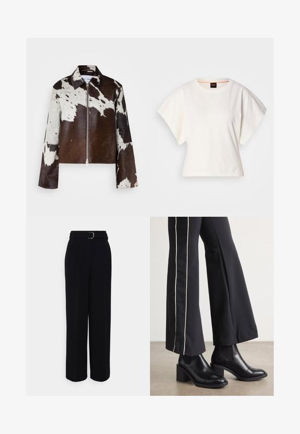 Lühendatud jope, mis on valmistatud lehma nahast, pruuni ja valge kirju mustriga. Omab teravat kraed ja eesligatavat tõmblukk.; Valge lühikeste laiadte varrukatega lühike T-särk, pehme puuvillane materjal, ümar kaelus kergelt oranži ääristusega, minimaalne disain, ilma mustrite ja graafikateta.; Mustad mustad püksid laia sääre kujundusega, millel on hõbedane kinnitusega vöö, voldid ja sile kangas.; Mustad nahast pahklu_bootid, millel on ploki konts ja elastsed külgpaneelid. Kombineeritud mustade pükstega, millel on valge küljeriba.